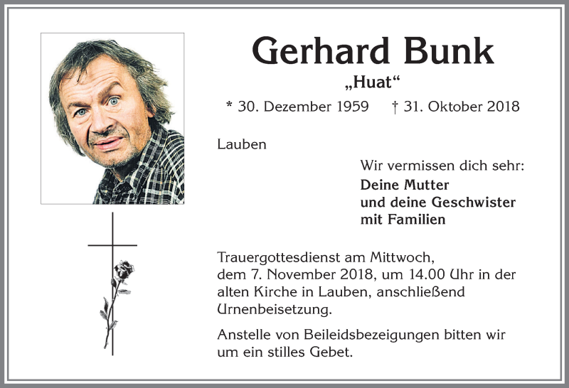  Traueranzeige für Gerhard Bunk vom 03.11.2018 aus Allgäuer Zeitung,Kempten