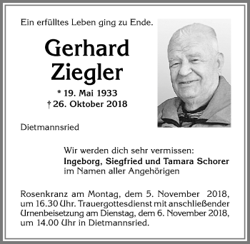 Traueranzeige von Gerhard Ziegler von Allgäuer Zeitung,Kempten