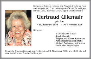 Traueranzeige von Gertraud Ullemair von Allgäuer Zeitung,Kempten