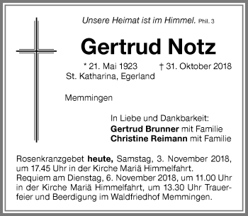 Traueranzeige von Gertrud Notz von Memminger Zeitung