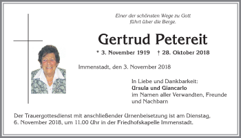 Traueranzeige von Gertrud Petereit von Allgäuer Anzeigeblatt
