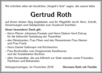 Traueranzeige von Gertrud Roth von Allgäuer Zeitung, Kaufbeuren/Buchloe