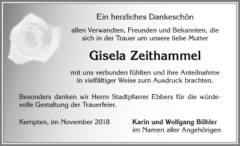 Traueranzeige von Gisela Zeithammel von Allgäuer Zeitung,Kempten