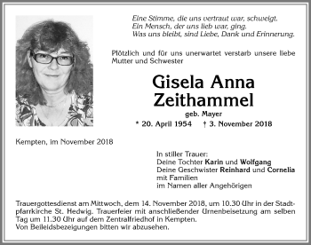 Traueranzeige von Gisela Anna Zeithammel von Allgäuer Zeitung,Kempten