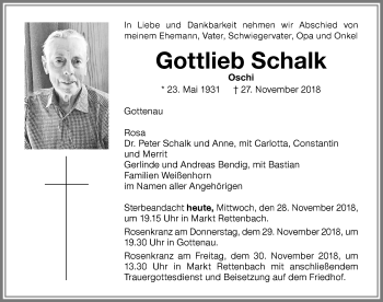 Traueranzeige von Gottlieb Schalk von Memminger Zeitung