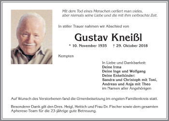 Traueranzeige von Gustav Kneißl von Allgäuer Zeitung,Kempten