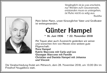 Traueranzeige von Günter Hampel von Allgäuer Zeitung, Kaufbeuren/Buchloe