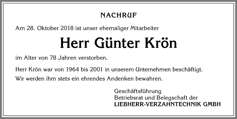  Traueranzeige für Günter Krön vom 08.11.2018 aus Allgäuer Zeitung,Kempten