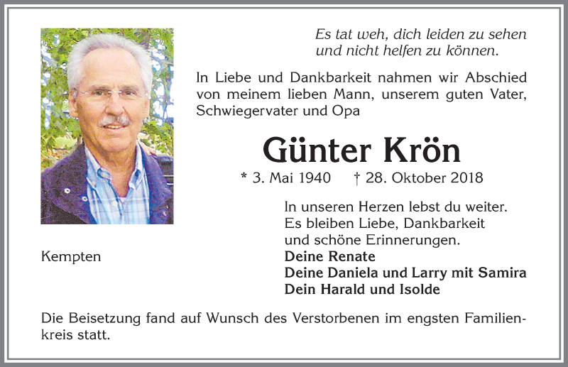  Traueranzeige für Günter Krön vom 06.11.2018 aus Allgäuer Zeitung,Kempten