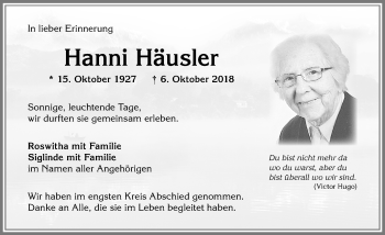 Traueranzeige von Hanni Häusler von Allgäuer Zeitung,Kempten