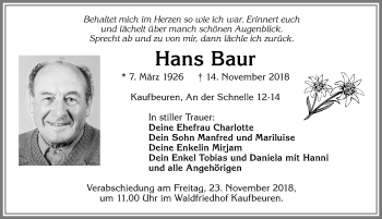 Traueranzeige von Hans Baur von Allgäuer Zeitung, Kaufbeuren/Buchloe