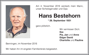 Traueranzeige von Hans Bestehorn von Memminger Zeitung