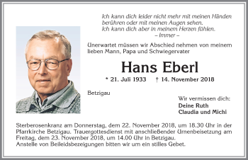 Traueranzeige von Hans Eberl von Allgäuer Zeitung,Kempten