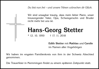 Traueranzeige von Hans-Georg Stetter von Memminger Zeitung