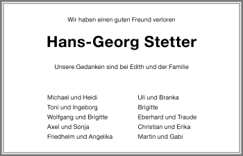 Traueranzeige von Hans-Georg Stetter von Memminger Zeitung