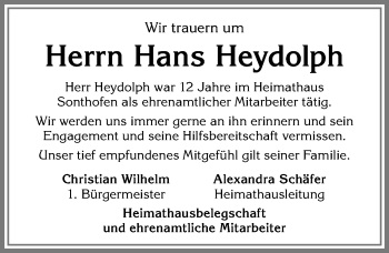 Traueranzeige von Hans Heydolph von Allgäuer Anzeigeblatt