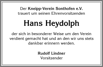 Traueranzeige von Hans Heydolph von Allgäuer Anzeigeblatt