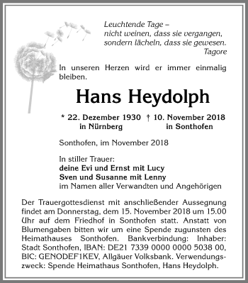 Traueranzeige von Hans Heydolph von Allgäuer Anzeigeblatt