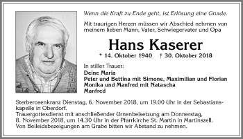Traueranzeige von Hans Kaserer von Allgäuer Zeitung
