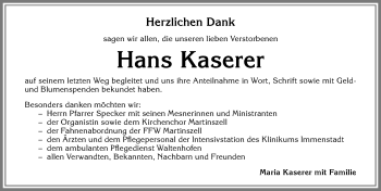 Traueranzeige von Hans Kaserer von Allgäuer Zeitung