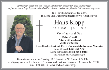 Traueranzeige von Hans Kopp von Allgäuer Zeitung, Marktoberdorf