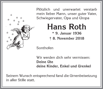 Traueranzeige von Hans Roth von Allgäuer Anzeigeblatt
