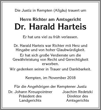 Traueranzeige von Harald Harteis von Allgäuer Zeitung,Kempten
