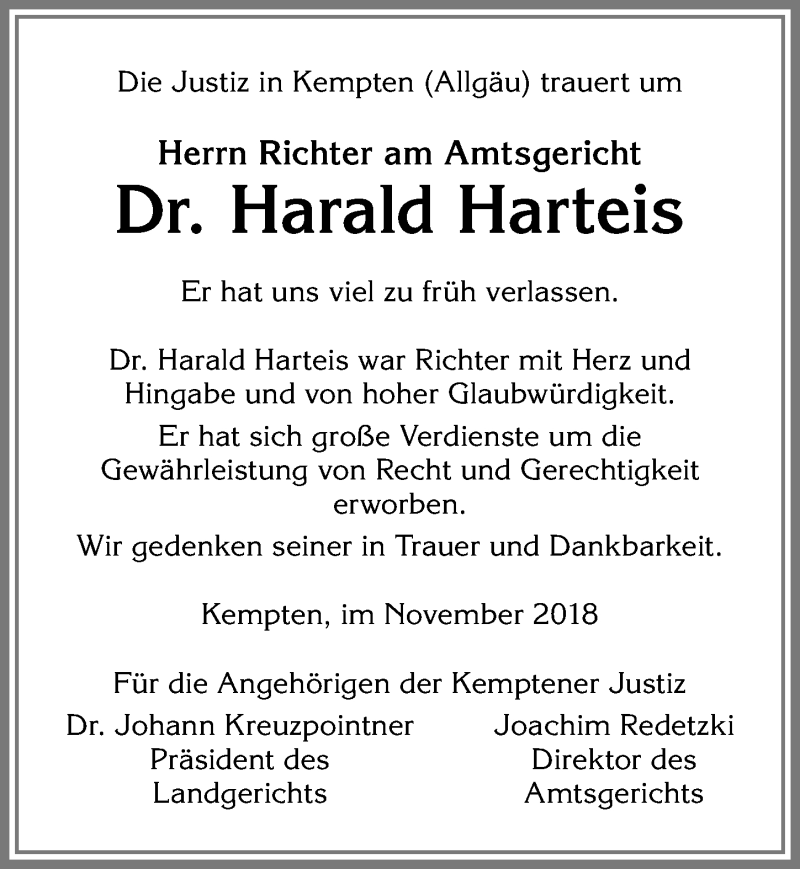  Traueranzeige für Harald Harteis vom 13.11.2018 aus Allgäuer Zeitung,Kempten