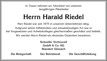 Traueranzeige von Harald Riedel von Allgäuer Zeitung, Marktoberdorf