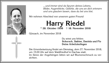 Traueranzeige von Harry Riedel von Allgäuer Zeitung, Marktoberdorf