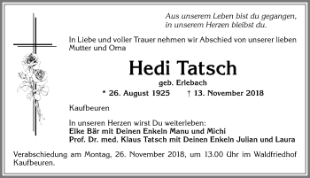 Traueranzeige von Hedi Tatsch von Allgäuer Zeitung, Kaufbeuren/Buchloe