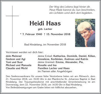Traueranzeige von Heidi Haas von Allgäuer Anzeigeblatt