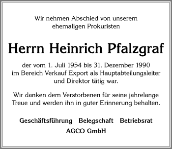 Traueranzeige von Heinrich Pfalzgraf von Allgäuer Zeitung, Marktoberdorf
