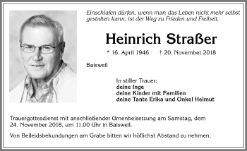 Traueranzeige von Heinrich Straßer von Allgäuer Zeitung, Kaufbeuren/Buchloe