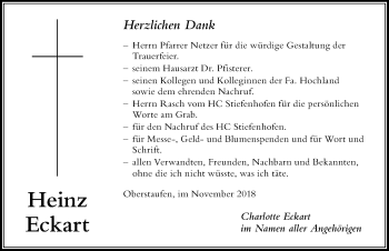 Traueranzeige von Heinz Eckart von Der Westallgäuer
