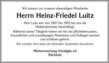 Traueranzeige von Heinz-Friedel Luitz von Allgäuer Zeitung, Marktoberdorf