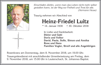 Traueranzeige von Heinz-Friedel Luitz von Allgäuer Zeitung, Marktoberdorf