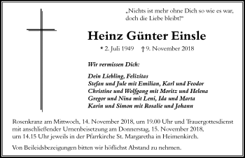 Traueranzeige von Heinz Günter Einsle von Der Westallgäuer