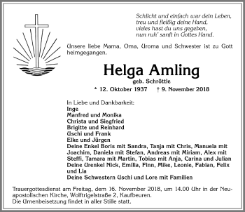 Traueranzeige von Helga Amling von Allgäuer Zeitung, Kaufbeuren/Buchloe