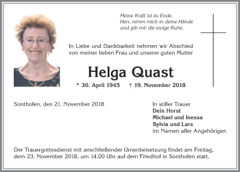 Traueranzeige von Helga Quast von Allgäuer Anzeigeblatt