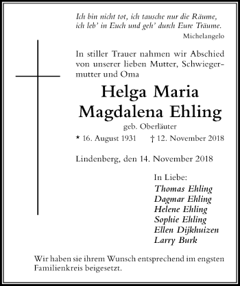 Traueranzeige von Helga Maria Magdalena Ehling von Der Westallgäuer