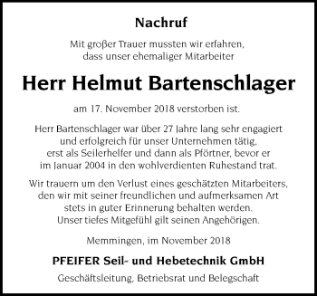 Traueranzeige von Helmut Bartenschlager von Memminger Zeitung