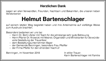 Traueranzeige von Helmut Bartenschlager von Memminger Zeitung