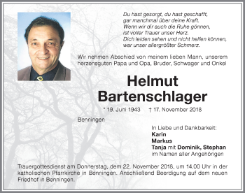 Traueranzeige von Helmut Bartenschlager von Memminger Zeitung