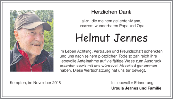 Traueranzeige von Helmut Jennes von Allgäuer Zeitung,Kempten
