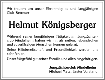 Traueranzeige von Helmut Königsberger von Allgäuer Zeitung, Kaufbeuren/Buchloe