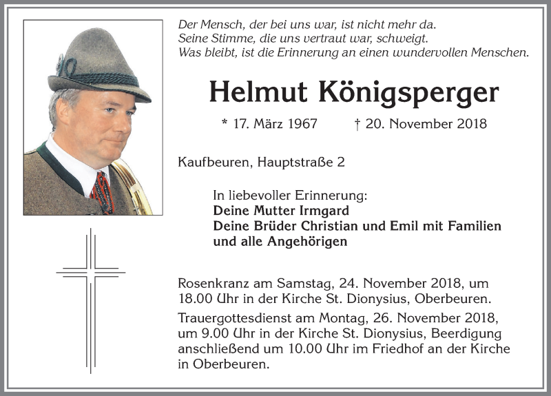  Traueranzeige für Helmut Königsperger vom 23.11.2018 aus Allgäuer Zeitung