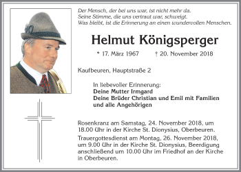 Traueranzeige von Helmut Königsperger von Allgäuer Zeitung