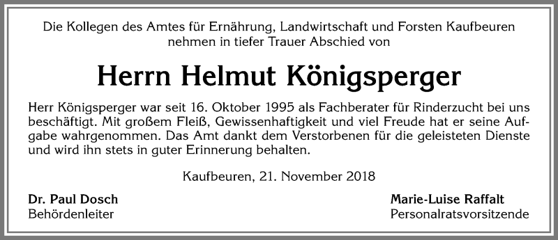  Traueranzeige für Helmut Königsperger vom 23.11.2018 aus Allgäuer Zeitung, Kaufbeuren/Buchloe