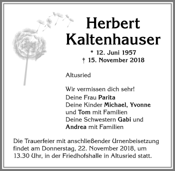 Traueranzeige von Herbert Kaltenhauser von Allgäuer Zeitung,Kempten